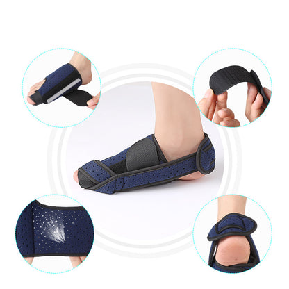 Blå og sort hallux valgus-støtteskinne i tekstil på fod med detaljeudsnit