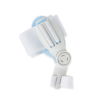 Hvid hallux valgus skinne med roterende led og justerbare velcrostropper