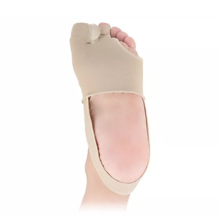 Beige hallux valgus-støtte med tåseparator på fod