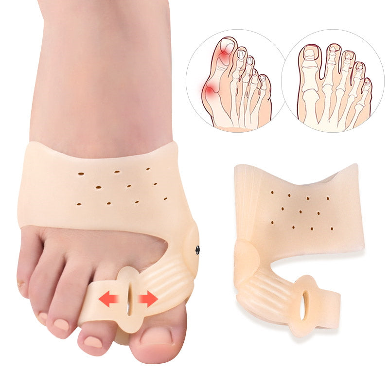 Beige hallux valgus-tåseparator på fod med ekstra støtte ved siden af