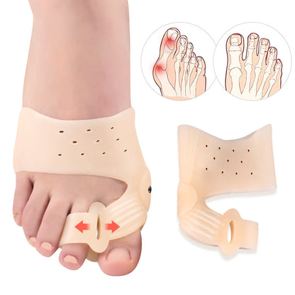Beige hallux valgus-tåseparator på fod med ekstra støtte ved siden af