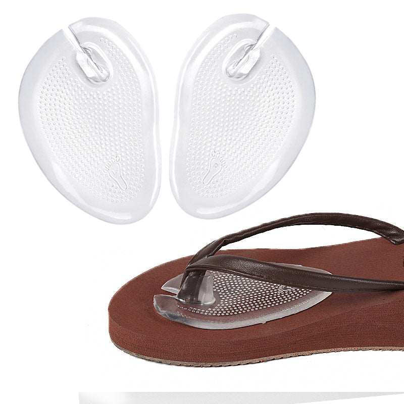 Transparente silikone-forfodsindlæg til flip-flops, vist løst og i brun sandal