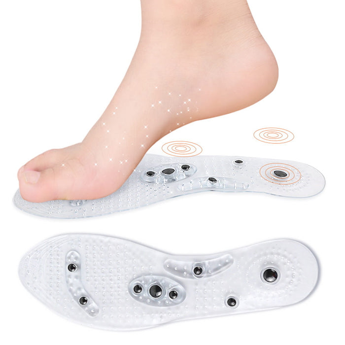 Fod på gennemsigtig massagesål med små knopper og indlagte magneter