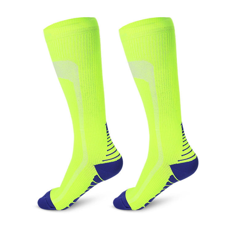 Grønne og blå knæhøje støttestrømper med ribstruktur