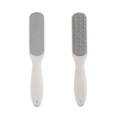 Hvid dobbeltsidet fodfil med grå slibeflader og ergonomisk håndtag