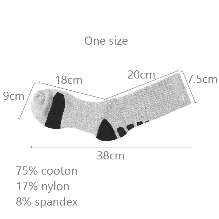 Grå og sort one size strømpe med mål og materialesammensætning