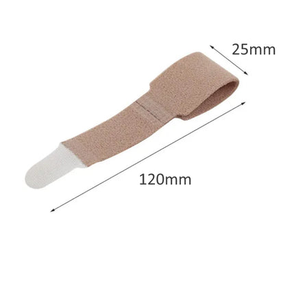 Beige hammertå stabiliseringsbånd med hvid tåstrop og målene 120 mm og 25 mm