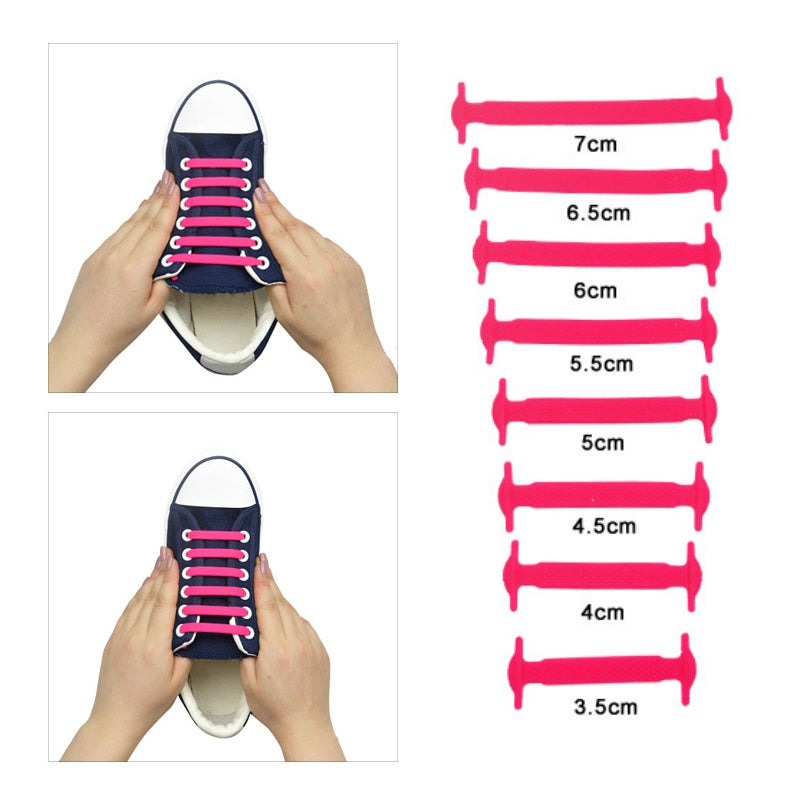 Pink elastiske silikonesnørebånd på blå sneaker med størrelsesoversigt