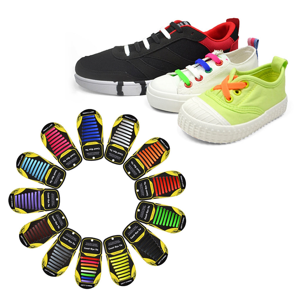 Farverige elastiske silikonesnørebånd vist med tre sneakers og emballager