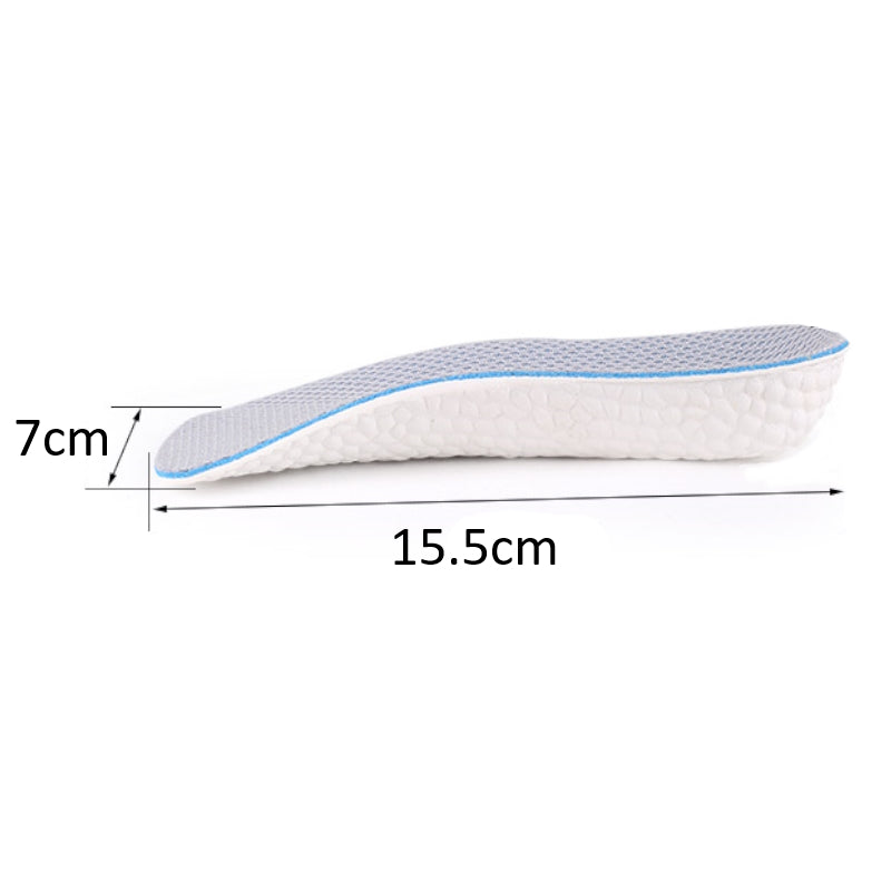 Hvid hælkile med blå kant og mål på 7 og 15,5 cm