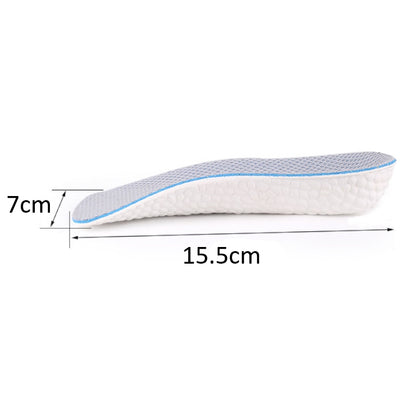 Hvid hælkile med blå kant og mål på 7 og 15,5 cm