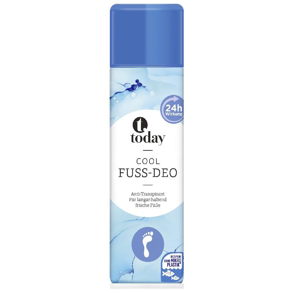 Today Cool Fuss-Deo spray med blå hætte og lyseblå etiket