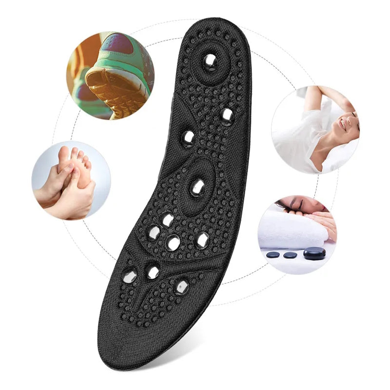 Sort helsål med massageknopper og magnetiske indlæg, omgivet af små brugsbilleder