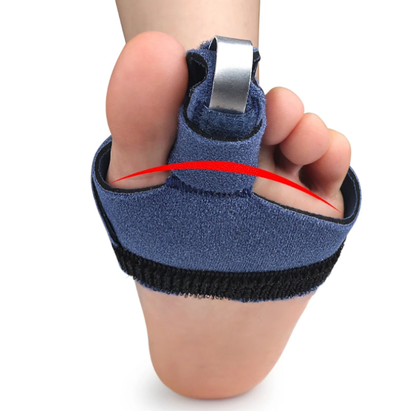 Blå tåstøtte med metalskinne omkring storetåen og forfoden