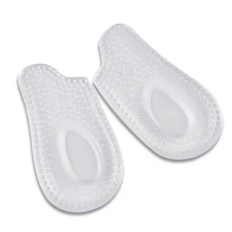 To transparente gel-hælindlæg med nopret overflade og oval hælpude