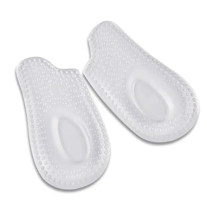 To transparente gel-hælindlæg med nopret overflade og oval hælpude