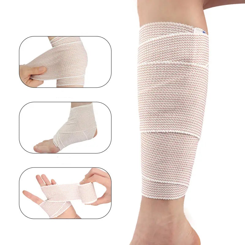 Elastisk støttebind viklet om underben, med eksempler på ankel og hånd