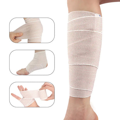 Elastisk støttebind viklet om underben, med eksempler på ankel og hånd