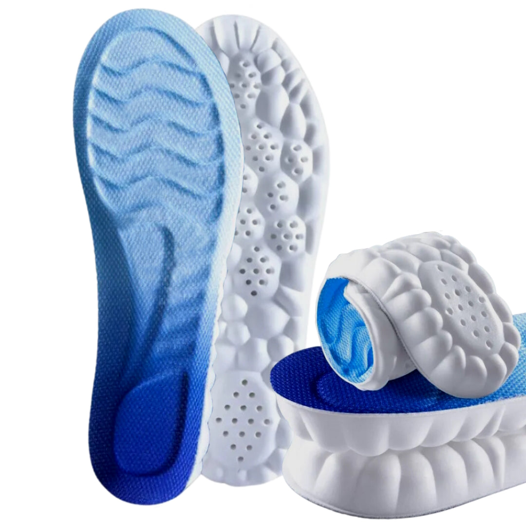 Blå og hvide 4D Cloud skosåler med tekstureret overflade og perforeret underside