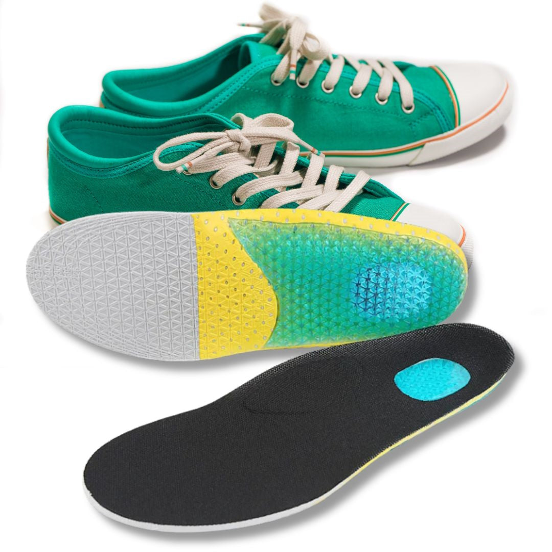 Skoindlæg med gelhæl vist sammen med grønne sneakers