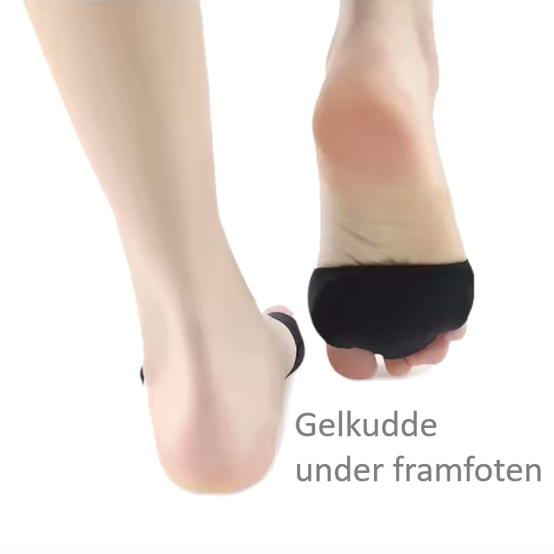 Sort gelkudde under framfoden på en fod hævet fra underlaget