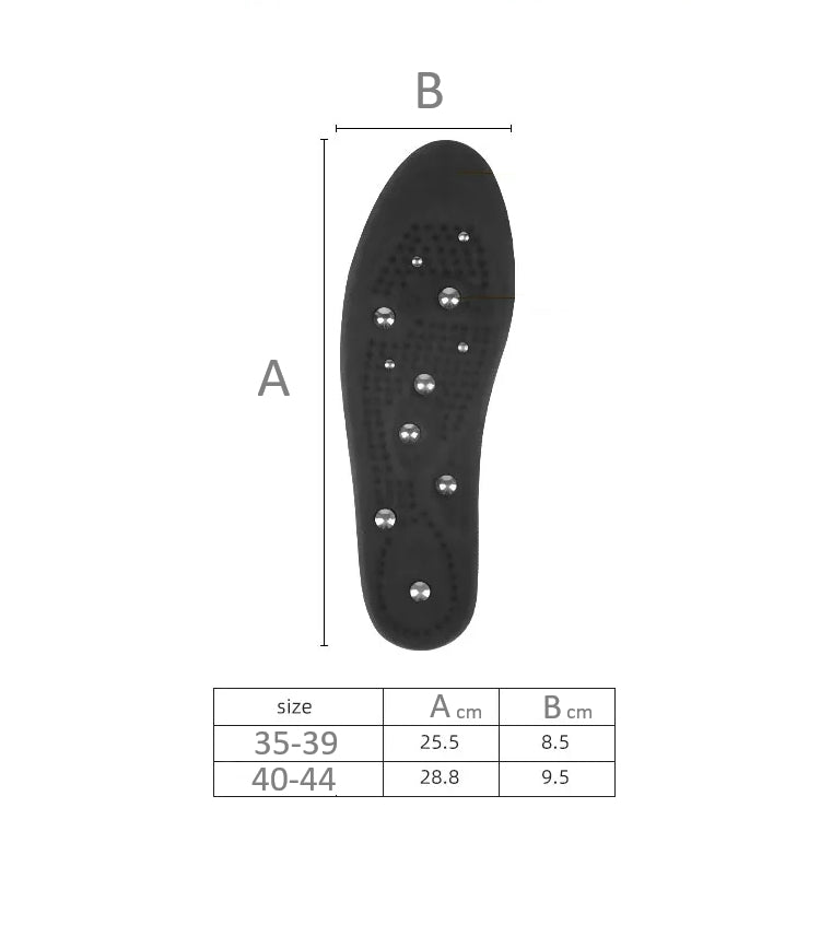 Sort helsål med sølvfarvede magneter og størrelsesdiagram
