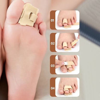 Beige hammertå-støtte med tåpude på fod, vist i fire trin