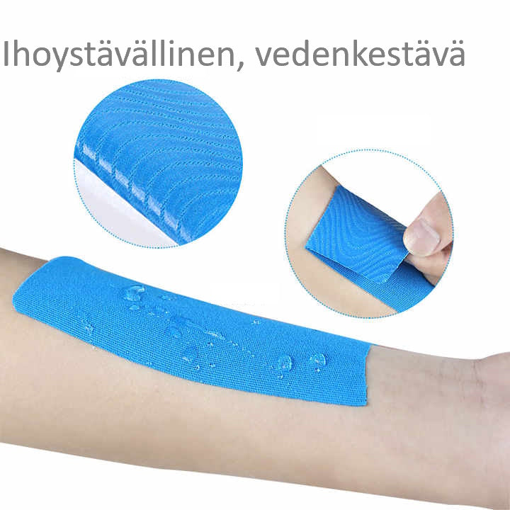 Blå kinesiologitape på underarm med vanddråber og nærbilleder af tekstur