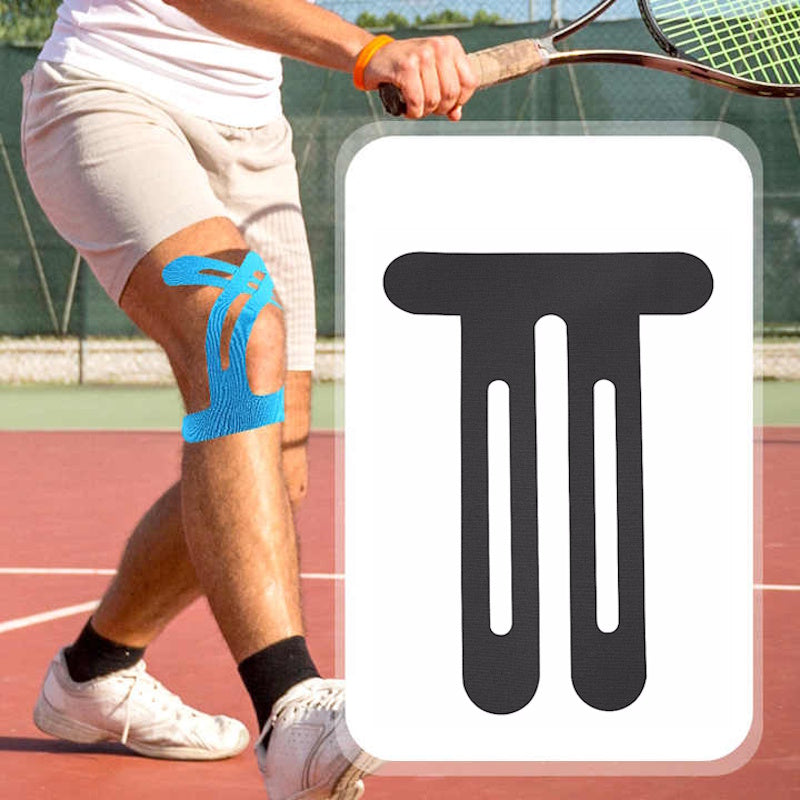 Sort forskåret kinesiologitape til knæ vist ved siden af tapet tennisknæ