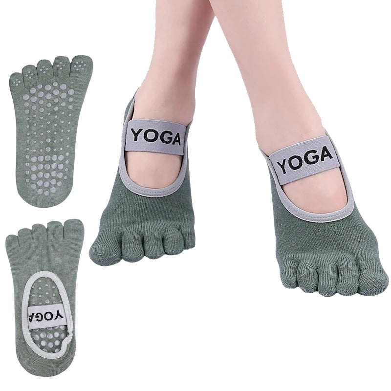 Grønne tåstrømper med gråt YOGA-bånd og skridsikre dupper på sålen