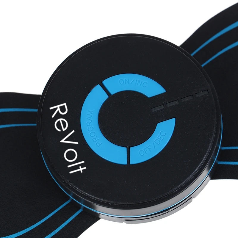 Revolt fotmassageapparat med sort og blå rund betjeningsenhed