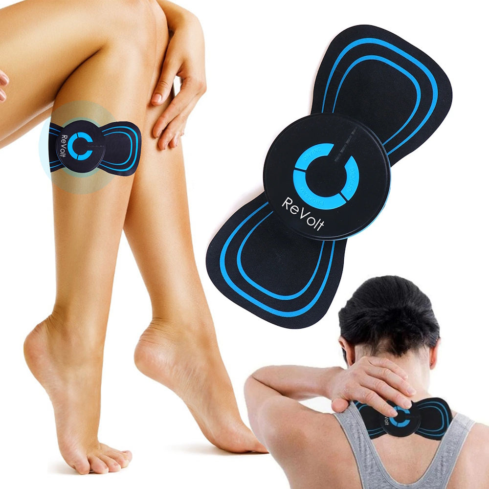 ReVolt TENS massageapparat med sorte og blå elektrodepuder på ben og nakke
