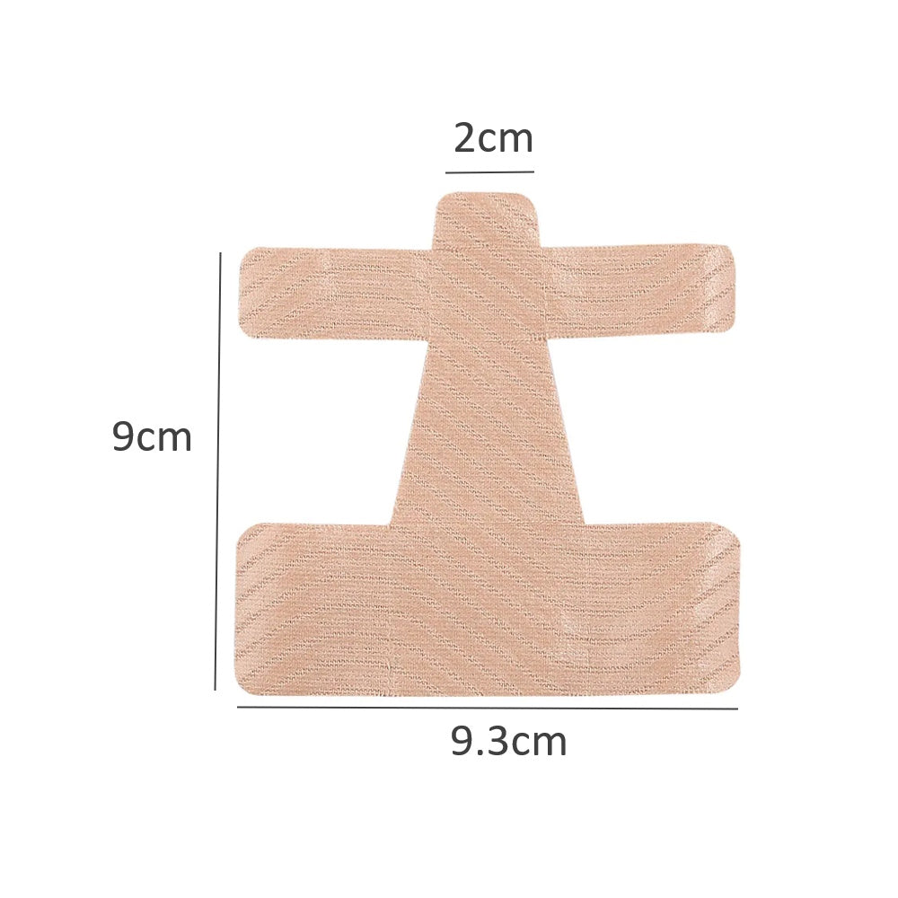 Beige færdigskåret hallux valgus-tape med målmarkeringer på hvid baggrund