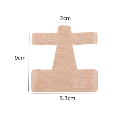 Beige færdigskåret hallux valgus-tape med målmarkeringer på hvid baggrund