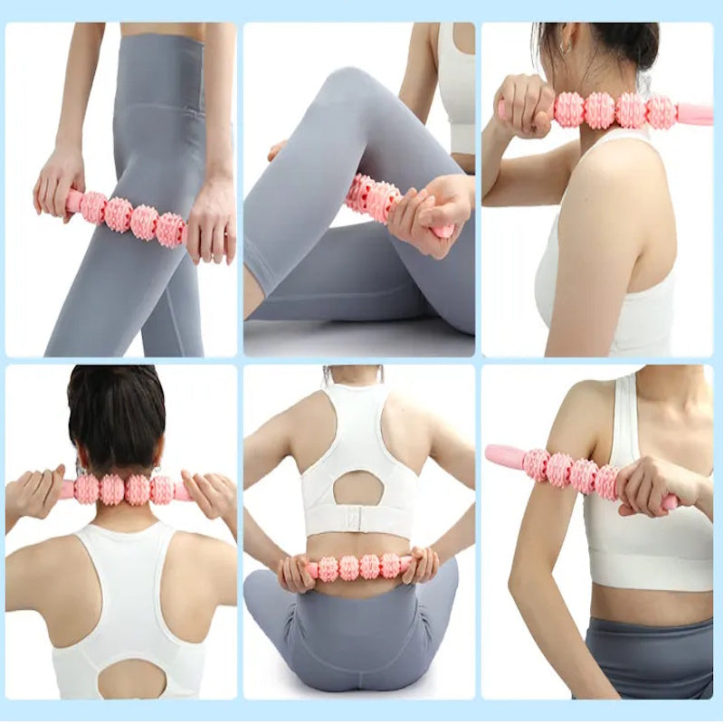 Lyserød massagerulle med håndtag brugt på ben, nakke, ryg og arm