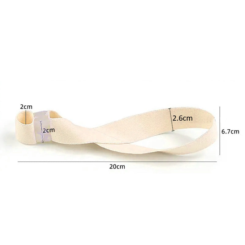 Beige hallux valgus-bånd med tåseparator og målangivelser på hvid baggrund