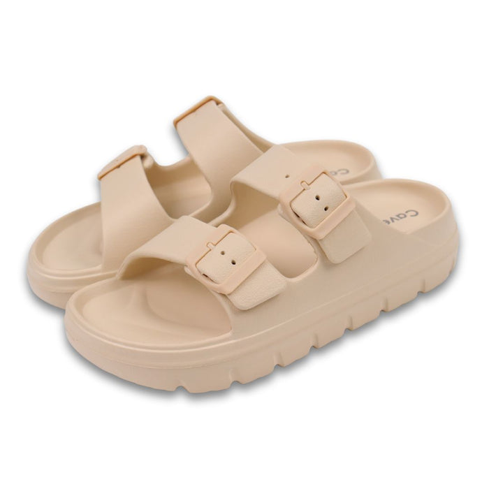 Beige dameslippers med to remme, spænder og kraftig sål