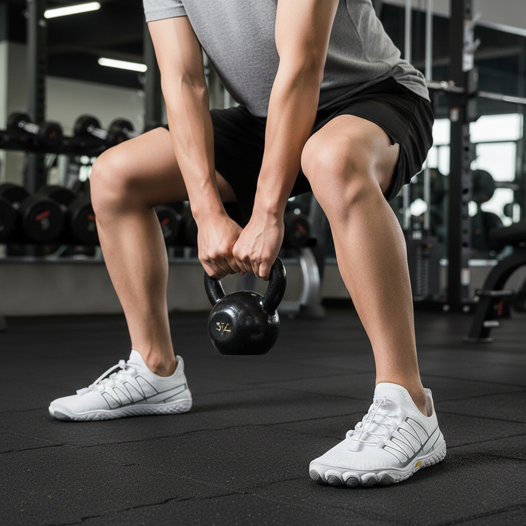 Person træner med kettlebell i hvide barfodssko på fitnessgulv