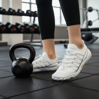 Hvide barfodssko på fødder ved siden af kettlebell i fitnesscenter