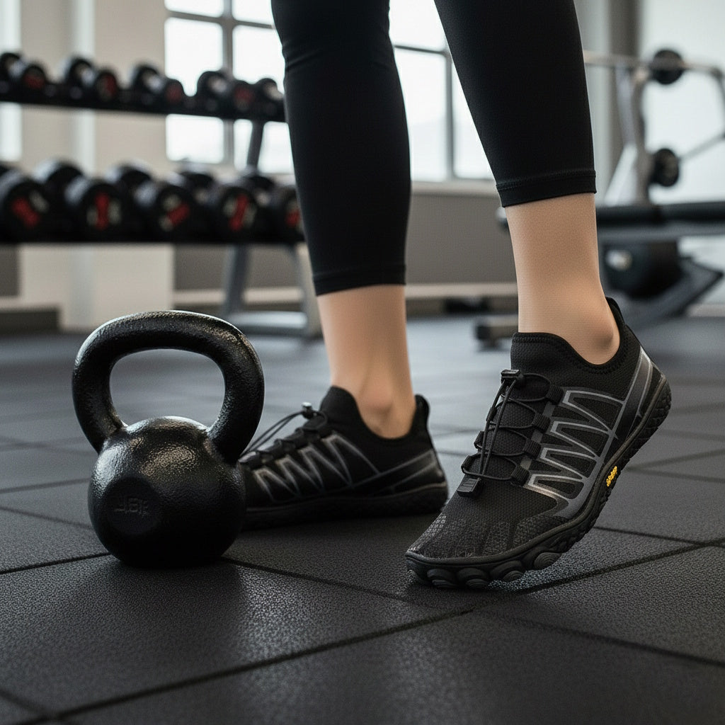 Sorte barfodssko på træningsgulv ved siden af en kettlebell