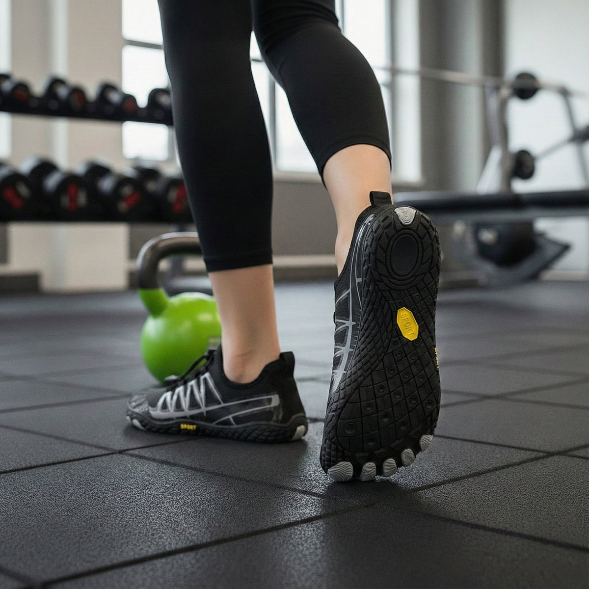 Sorte barfodssko med tåformet sål på træningsgulv i fitnesscenter