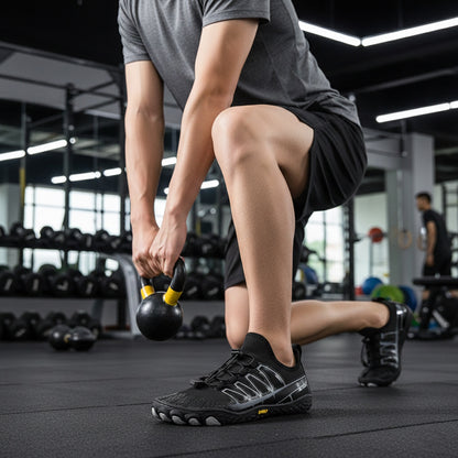Person træner med kettlebell i sorte barfodssko i fitnesscenter