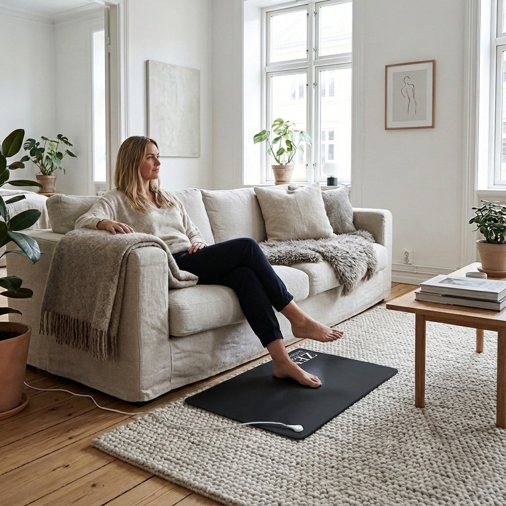Kvinde på sofa med bare fødder på sort jordingsmåtte med ledning