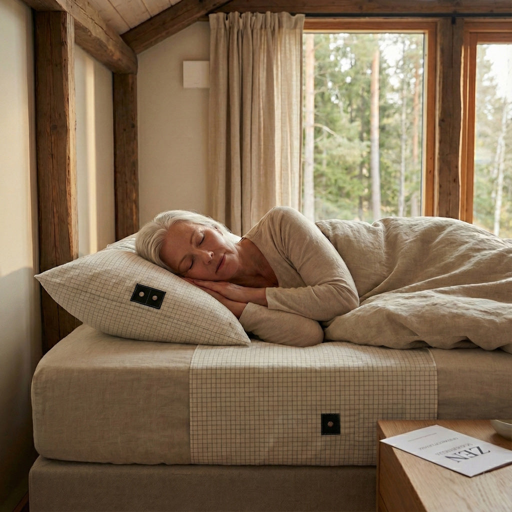 Kvinde sover på ternet jordingslagen med trykknap på puden