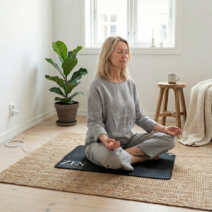 Kvinde mediterer på sort Zen Scandinavia jordningsmåtte med ledning i lyst rum