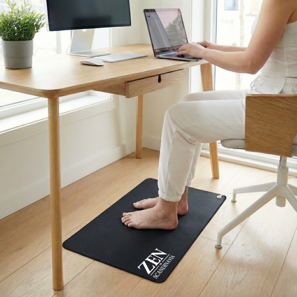 Sort jordningsmåtte under fødderne ved et skrivebord med laptop