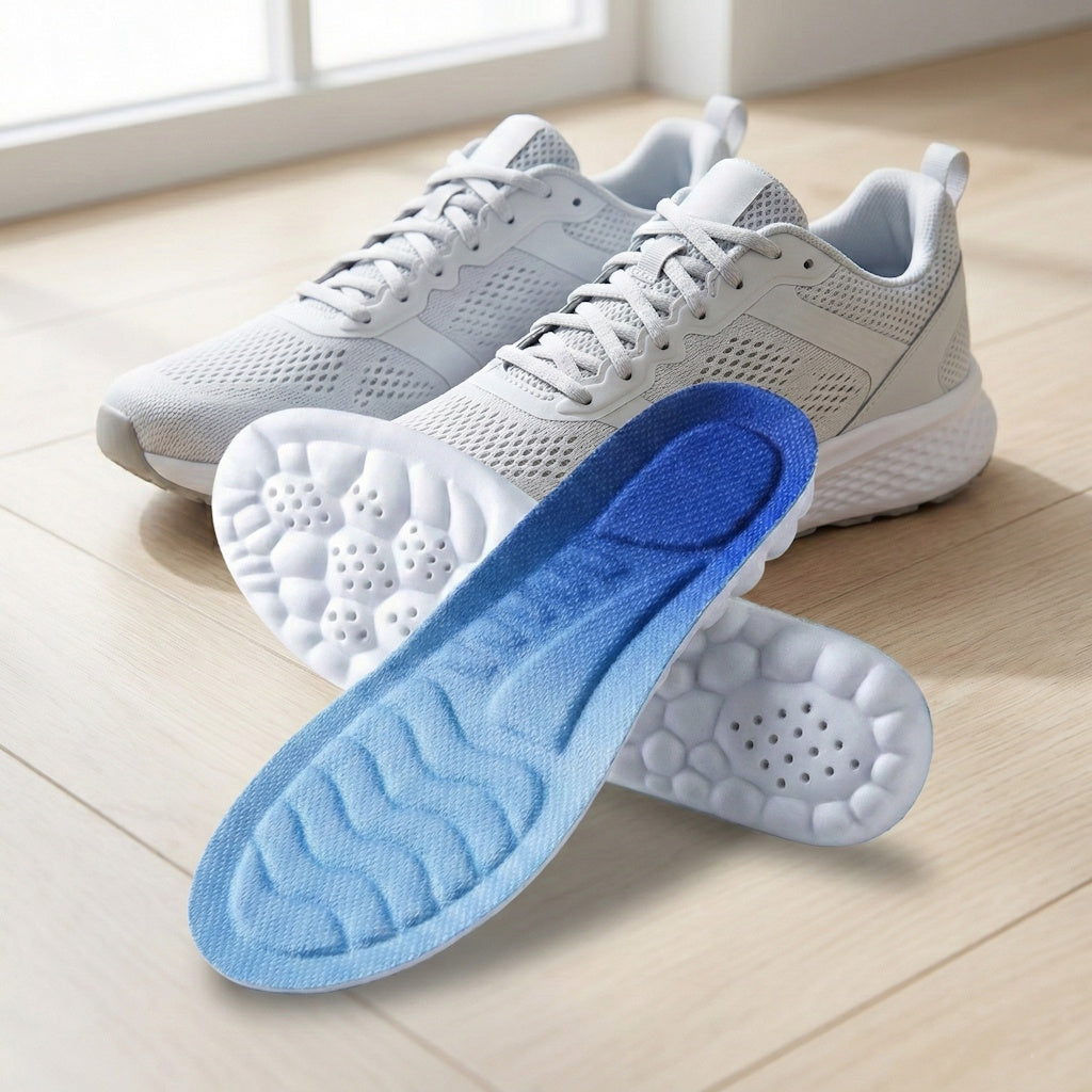 Blå skoindlæg foran hvide sneakers på lyst trægulv