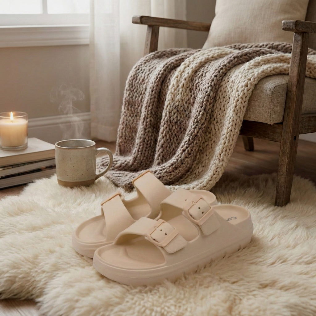 Beige Cushy-tøfler med spænder på blødt tæppe