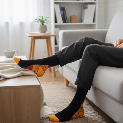 Sorte og orange støttestrømper på person, der sidder i sofa