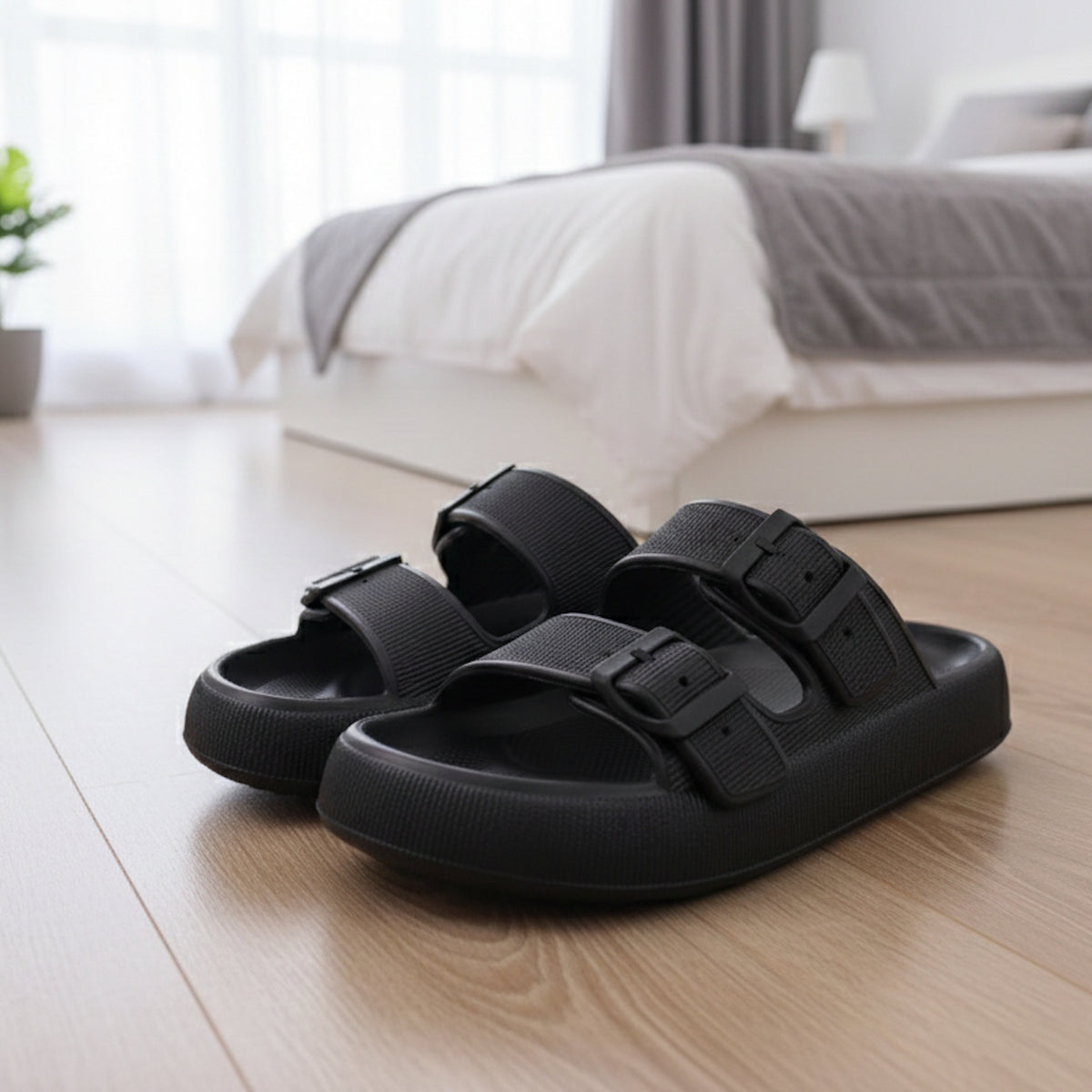 Sorte justerbare slippers med spænder på trægulv i soveværelse